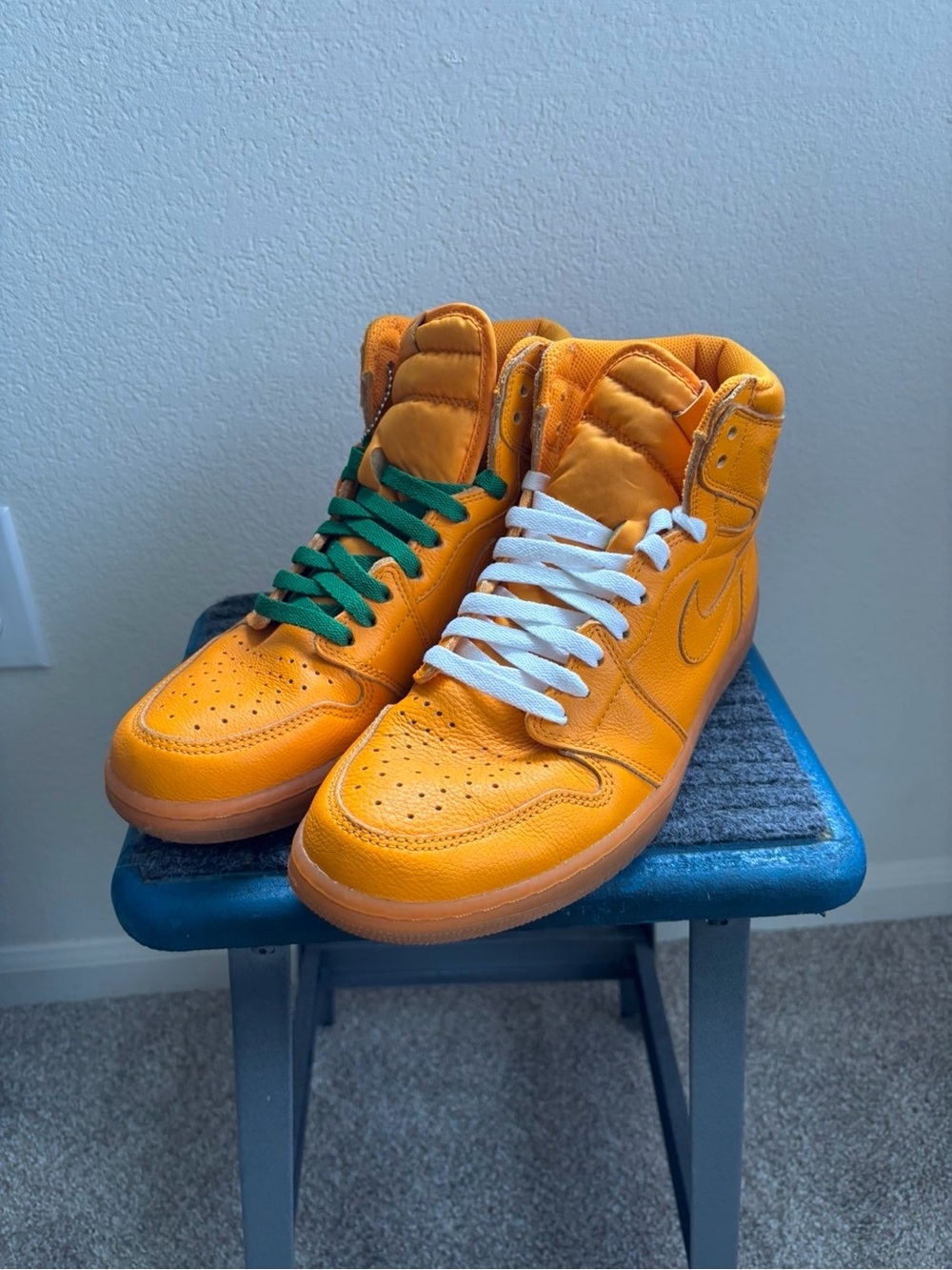 Nike Men’s High-Top Sneakers in Orange with Green/White Laces